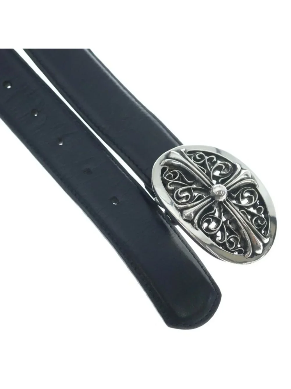 Chrome Hearts Buckle Oval Cross Leather Strap Integrated Shape Silver Belt